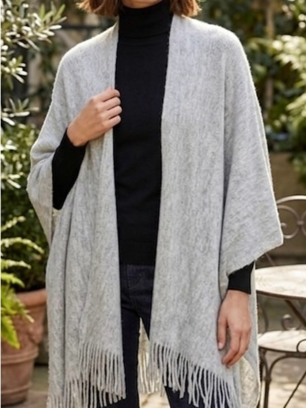 Light Gray Open-Front Fringe Sweater Wrap